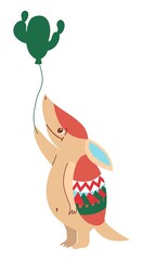Baby armadillo character design. Cute and funny. Beige and red. Ornament on shell. With green cactus balloon. Cartoon style. Central or South America. Nature and ecology. Kids post cards or posters