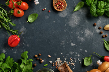 Food cooking background. Fresh rosemary, cilantro, basil, cherry tomatoes, peppers and olive oil,...