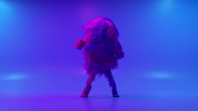 Cheerful colorful hairy cartoon dancing character, furry animal, having fun, furry mascot animation. Modern minimalist design. Flashing neon club light. 3d animation of seamless loop.