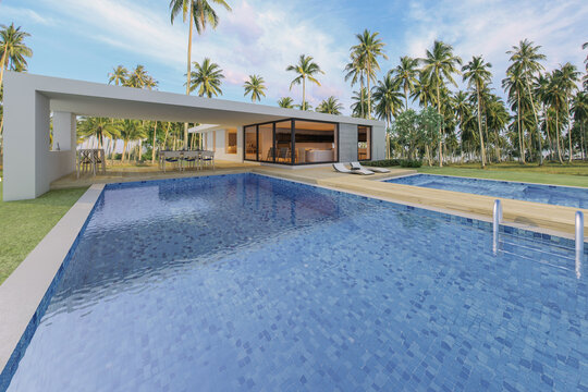 Modern house with a swimming pool, sea view