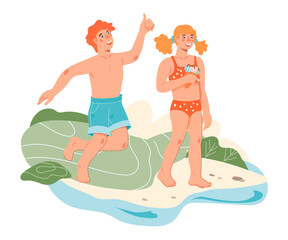 Cute children in swimsuits on the sunny sea or river beach coast. Boy and girl enjoying summer vacation and water activity, flat vector illustration isolated on white background.