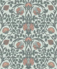 Floral vintage seamless pattern for retro wallpapers. Enchanted Vintage Flowers. Arts and Crafts movement inspired. Design for wrapping paper, wallpaper, fabrics and fashion clothes.