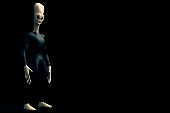 Grey Alien Humanoid ET Creature with elongated long head. Extremely detailed and realistic high resolution 3d illustration