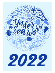 Marine life. calendar design template for 2022, A4 format. Week starts on Sunday. Whale, mermaid, snail, shark, crab, stingray, seahorse, dolphin, octopus, turtle