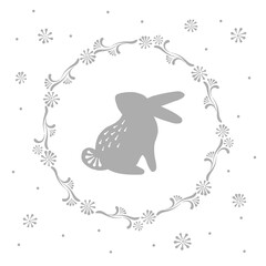 Easter Bunny in floral wreath neutral grey vector illustration. Illustration of spring rabbit in flower frame motif. Happy Easter art for Christian spring holidays.