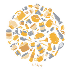 Kitchen utensils set. Kitchenware, cookware, kitchen tools collection. Modern flat icons set, graphic elements, objects for website, web banner, infographics. Flat design concept.