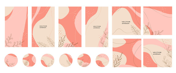 Set of templates for social media story, message, highlight. Vector abstract organic shapes with leaf elements