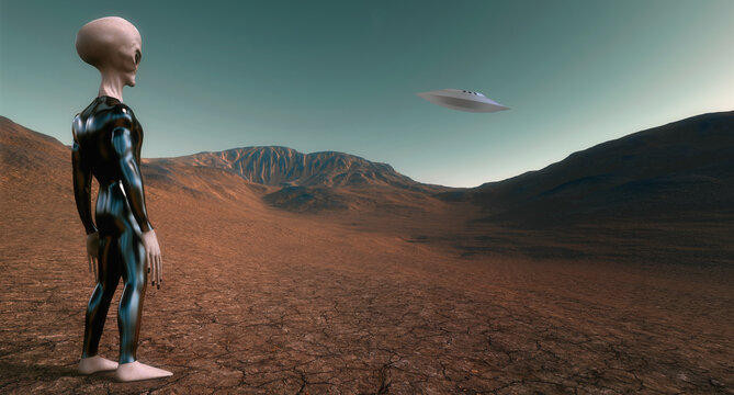 Grey Alien Humanoid ET Character on Mars like Planet. Extremely detailed and realistic high resolution 3d illustraiton