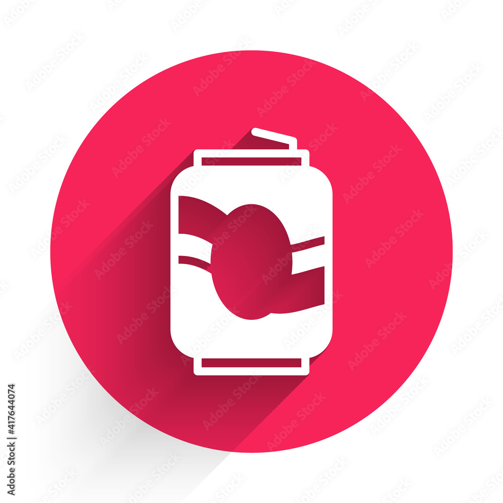 Poster white soda can icon isolated with long shadow. red circle button. vector.