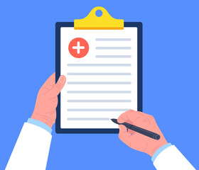 Doctor holding clipboard and takes notes on it. Medical prescription pad. Vector.