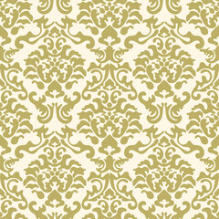 Damask seamless vector pattern. Classic vintage damask ornament, royal victorian geometric seamless pattern for wallpaper, textile, packaging. Floral baroque pattern, gold background 