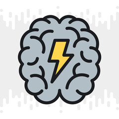 Brainstorm or brainstorming icon. Human brain with a lightning bolt inside. Simple color version on a light gray background