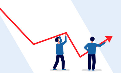 People holding graphic line during the economic crisis and try to change the trend. Concept vector illustration. Bankruptcy and income decrease in business, professional consultant help