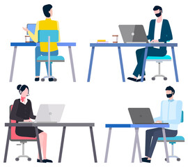 How to write business plan, people working on laptops and planning financial issues. Vector investors analyzing sales, consultants sitting at tables on chair