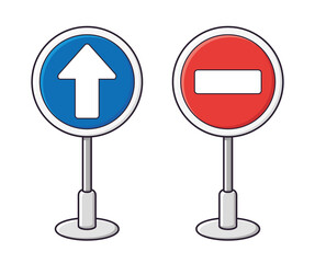 Blue forward direction arrow and no entry traffic sign isolated