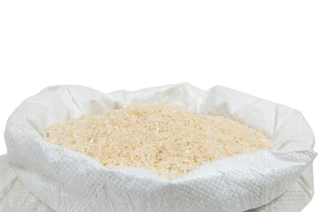 rice in a white bag close-up on a white background