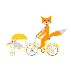 The orange fox ridding a bike and delivering rabbit. Vector stock illustration.