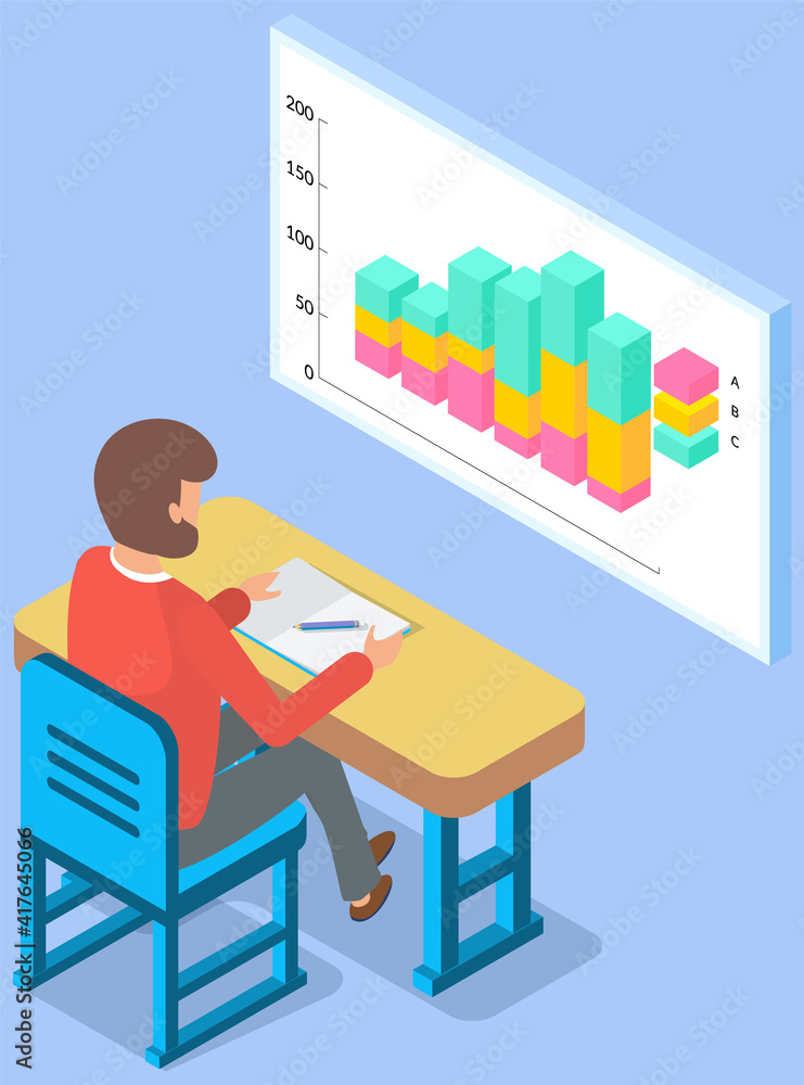 Poster businessman working analyzing financial statistics. male professional marketer studies information a