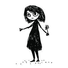 Digitally drawn illustration. Graphic style. Can be used as tattoo, print or background. Girl with a flower. 