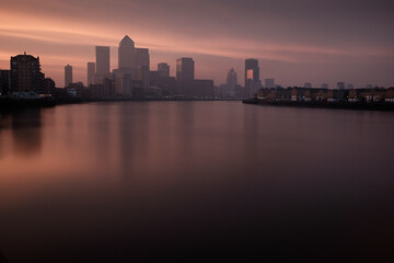 Beautiful sunrise in East London with Canary Wharf in the background.
