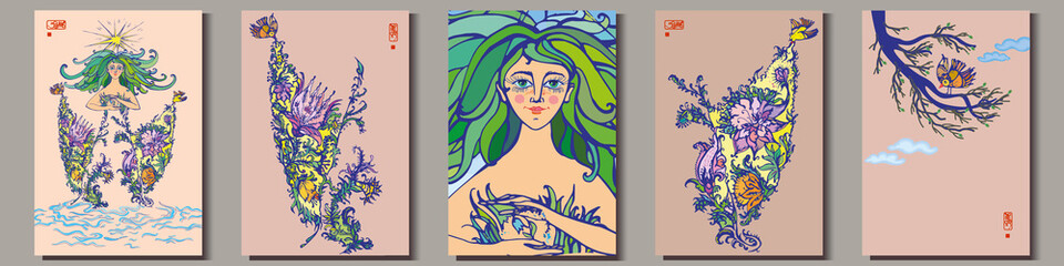Images of mother nature as beautiful woman, spring and blossom. Vector Illustration