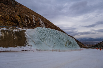 ERZURUM, TURKEY - January, 2021: Erzurum Palandoken mountain, ice-climbing mountain at the ski resort