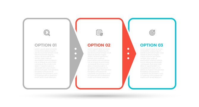 Vector infographic rectangle design template with icons and arrow elements. Business concept with 3 options, steps, parts.