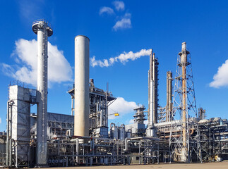 Large-capacity workshop for the production of ammonia of a petrochemical plant. Exterior of tube furnace, Shaft converter, CO2 adsorber with copy space