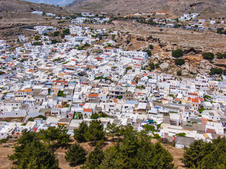A view on Lindos town from Acropolis site in Greece on Rhodes island
