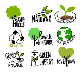 Ecologic labels. Eco safe emblems, green logo lettering. Sticker or ecological sign concept.