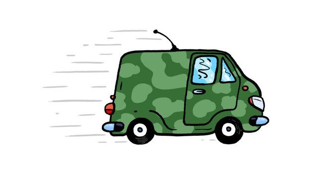   Military small car cartoon animation isolated. Fast driving. Seamless loop, alpha channel included.