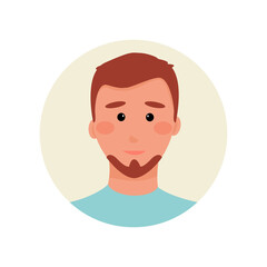 avatar of a brown-haired man in a blue t-shirt with a beard. Design element for forums, chat bots, support, social networks. Vector illustration.