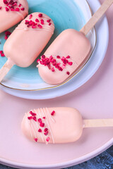Cake Popsicles. Raspberry White Chocolate Ice Cream Pops. Homemade Cakesicles. 