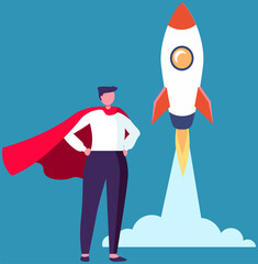 Super Hero businessman standing in red cloak near the rocket ready to take off on blue background. Successful super business man near flying space ship. Concept of inspiration, business start up