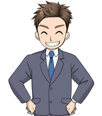 腰に手を当てて笑顔で歯を見せて笑うスーツの男性