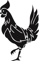 Vector illustration black silhouette of rooster isolated on a white background. Farm bird design.