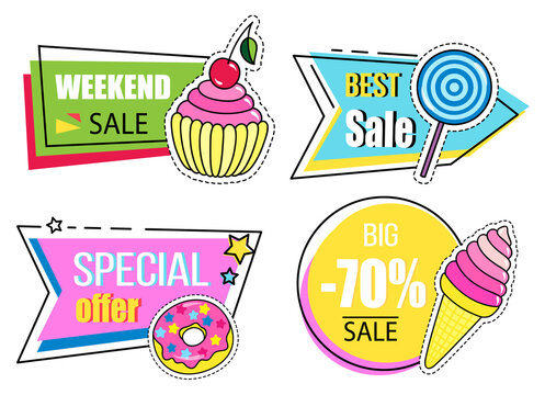 Set of big sale banners. Discount poster template. Big sale special offer. End of season special proposition banner vector flat style. Best price advertising poster with image of various sweets