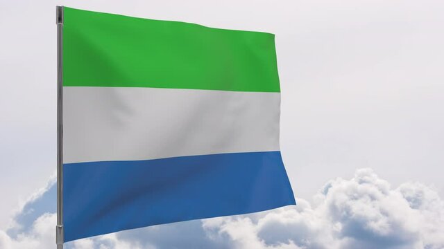 Sierra leone flag on pole with sky background seamless loop 3d animation