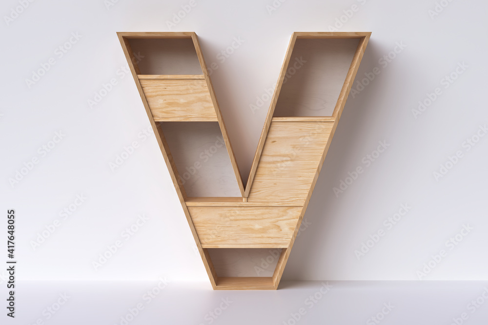 Poster wood shelving shaped letter “v”. design idea for displaying books or small decorative objects. 3d re