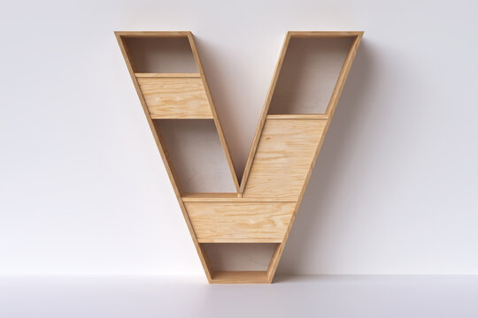 Wood shelving shaped letter “V”. Design idea for displaying books or small decorative objects. 3D rendering.