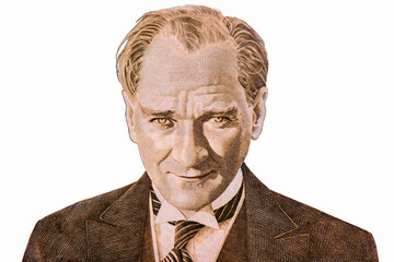 Mustafa Kemal Ataturk - first president of Turkey. Portrait photography made with old turkish banknote and isolated on white on the ground.