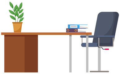 A table with a stack of books, potted plant and a comfortable gray chair. Cozy workplace in office. Office interior equipment books, folders and papers on the desk isolated flat vector illustration