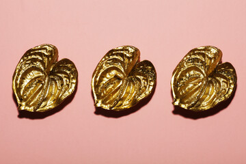 Modern stylish decor concept. Three golden anthurium flowers on pink background. Flat lay. Close up. Studio shot © Augustino