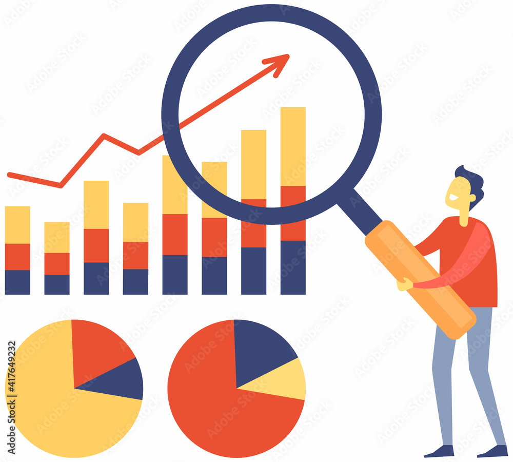 Poster man with magnifying glass analyzes indices on presentation with graph and charts, examines indicator