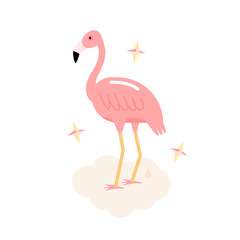 Pink flamingo. Cute comic flamingo bird on cloud