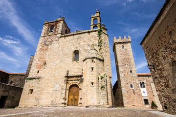 Fototapeta na wymiar Caceres, Spain. The Iglesia de San Mateo (St Matthew Church) and the Torre del Palacio de las Ciguenas in Old Monumental Town, a World Heritage Site