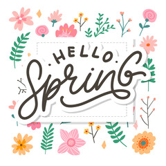 Hello Spring Flowers Text Background Frame lettering slogan
