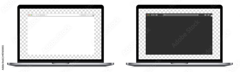 Poster set of realistic laptop device mockup screen with browser page. editable laptop computer with search