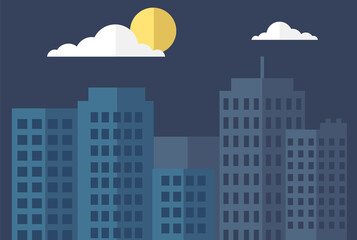 Obraz premium Silhouette of city and night with clouds and moon at sky. Skyscrapers and high-rise buildings vector illustration. Modern town landscape and architecture in dark . City sleeps under starry night sky