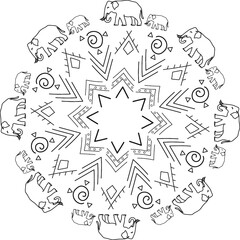 Africa ethnic mandala with elephants in doodle style in vector